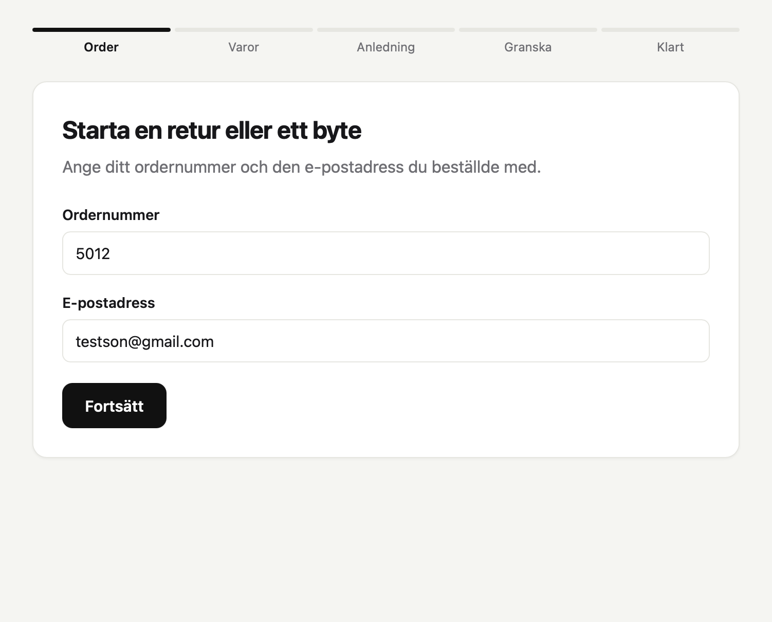 Swedish return portal showing the order number and email lookup form.